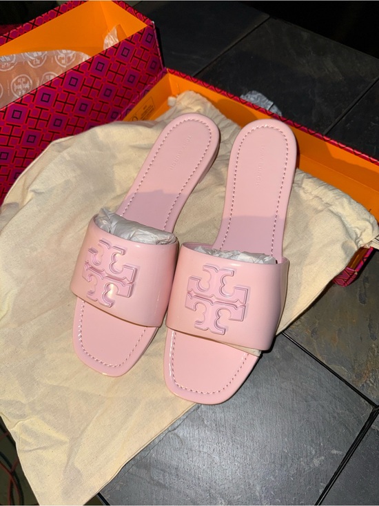Tory Burch Shoes - Tory Burch Blush Pink Logo Slide Mules